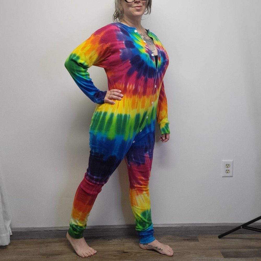 Vtg 90s SUNDOG Psychedelic Rainbow Swirl Tie Dye Union Suit Unisex XL - EUC - Picture 5 of 12